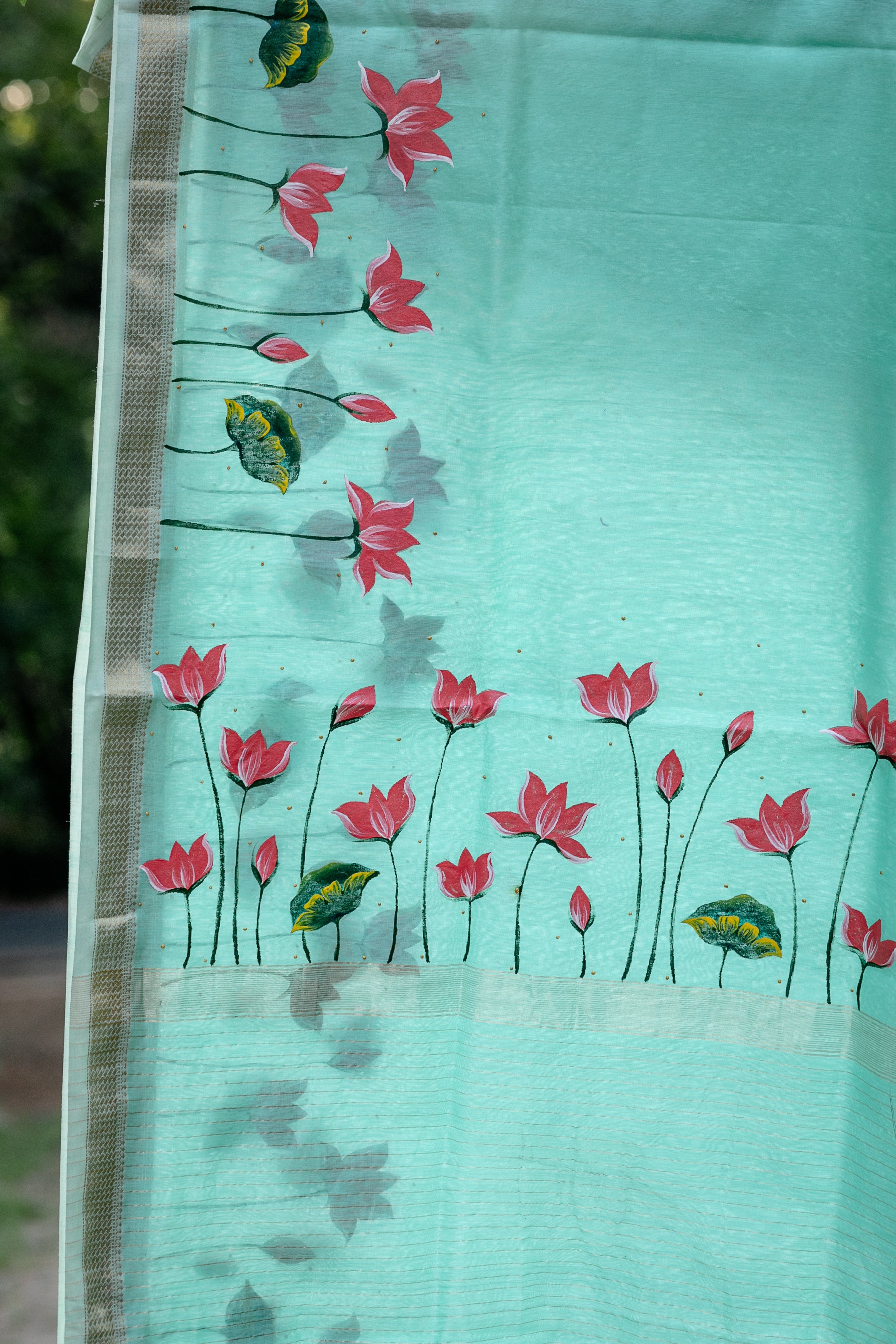 Maheshwari pichwai saree - Turquoise Green