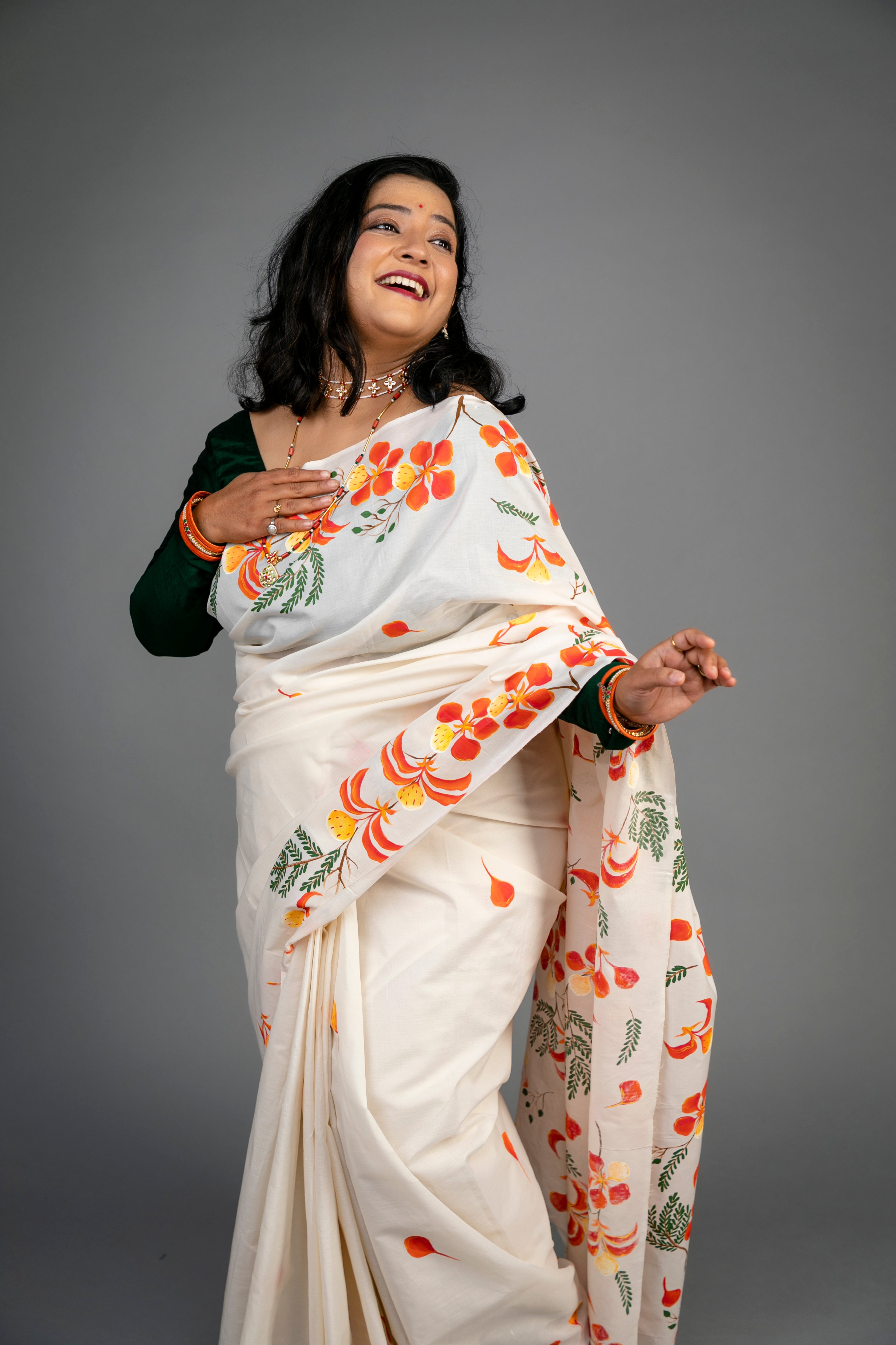 Gulmohor Saree English Name - Royal Poinciana - White