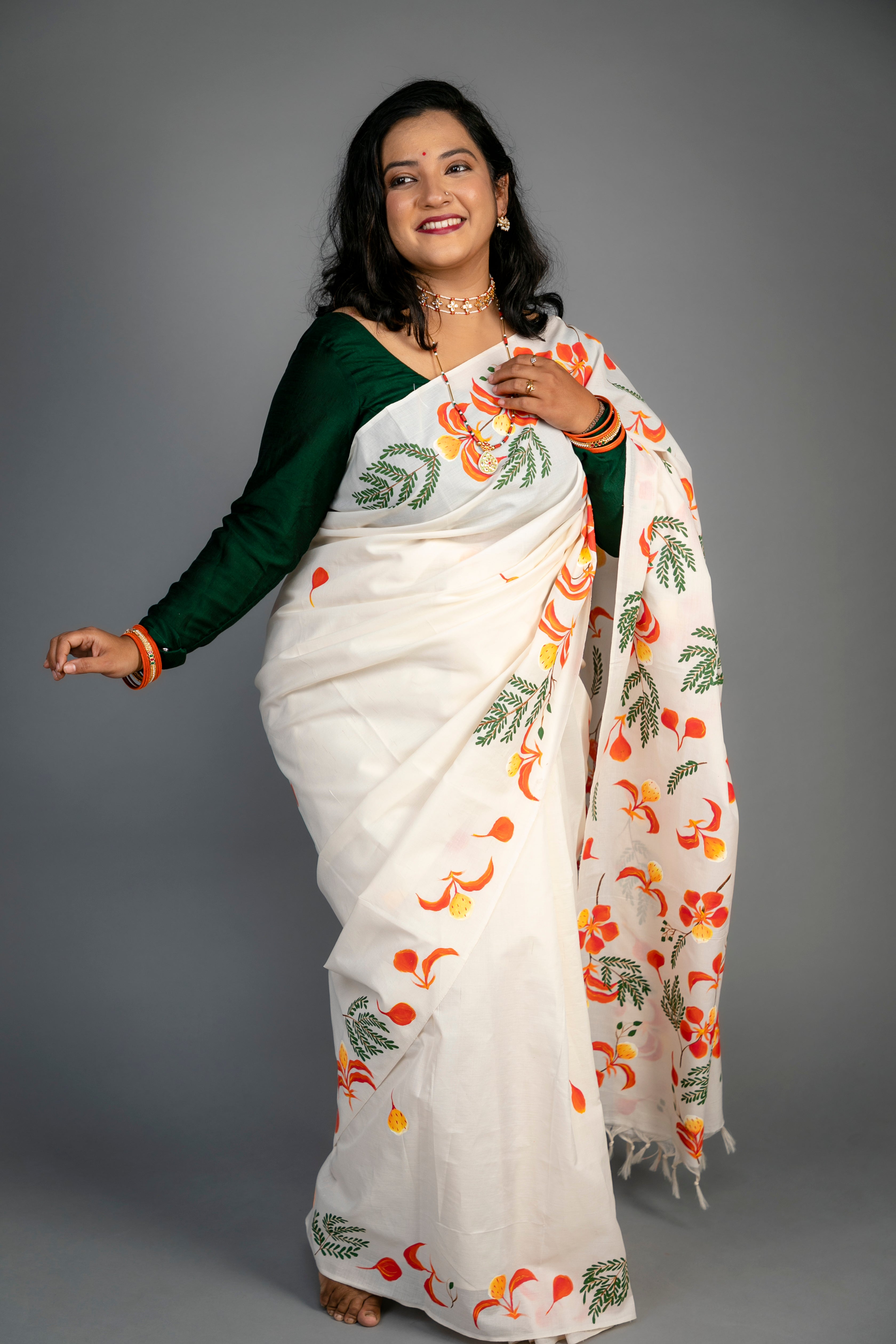 Gulmohor Saree English Name - Royal Poinciana - White