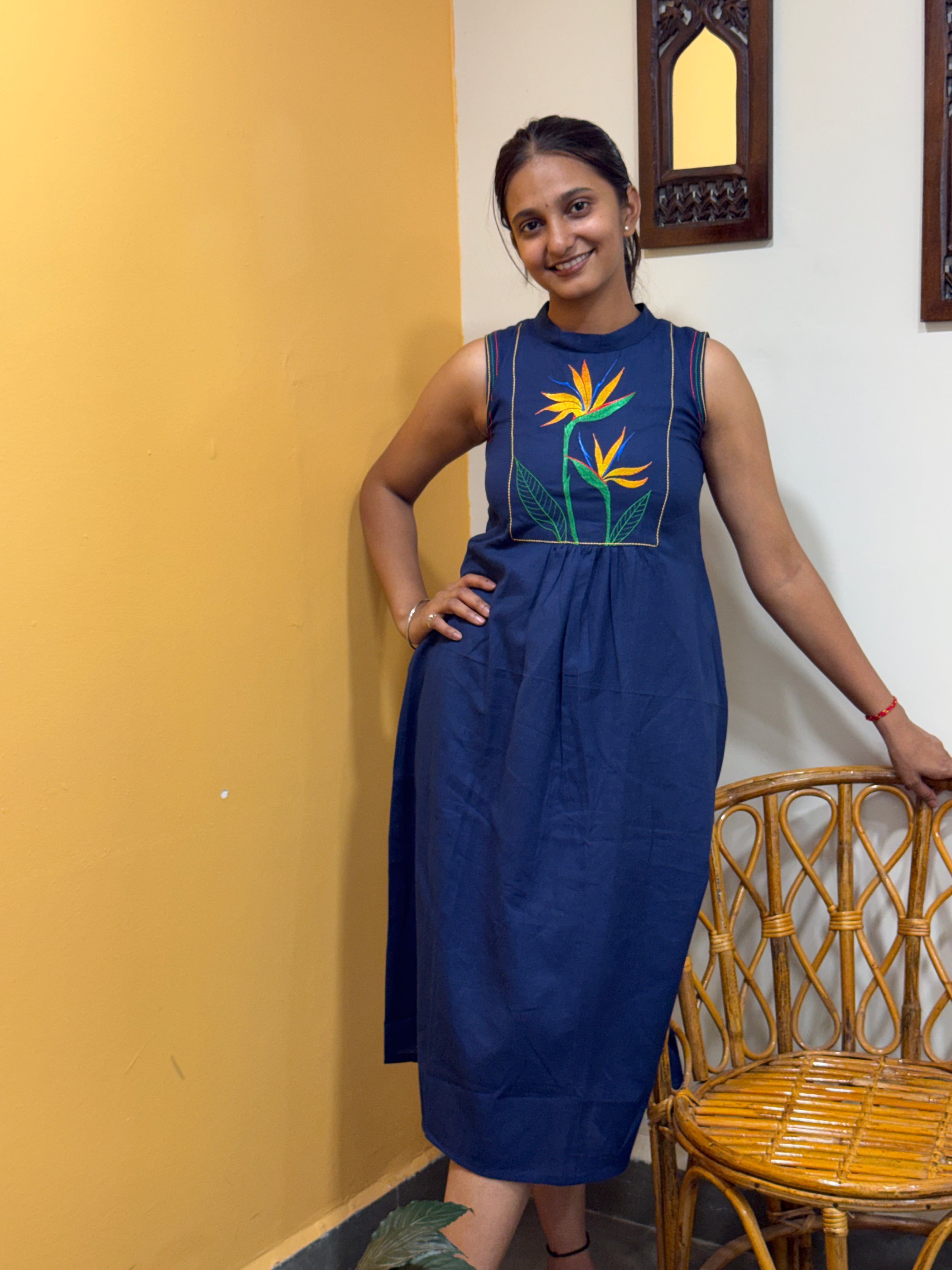 Bird of Paradise Embroidered dress Blue A line